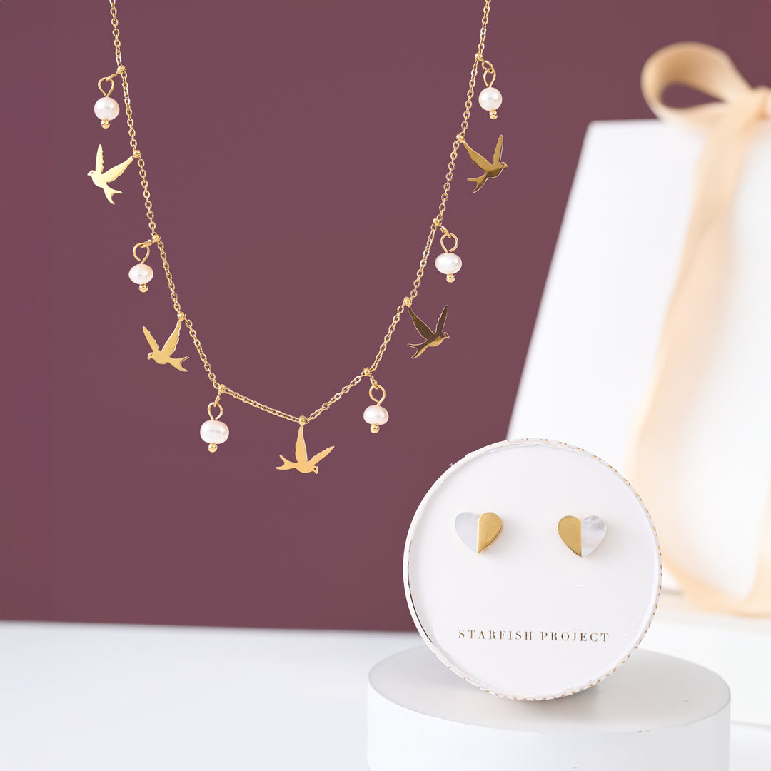Necklace and earring gift set, gift wrapped, gold necklace and gold studs, gift set deal, jewelry like pandora