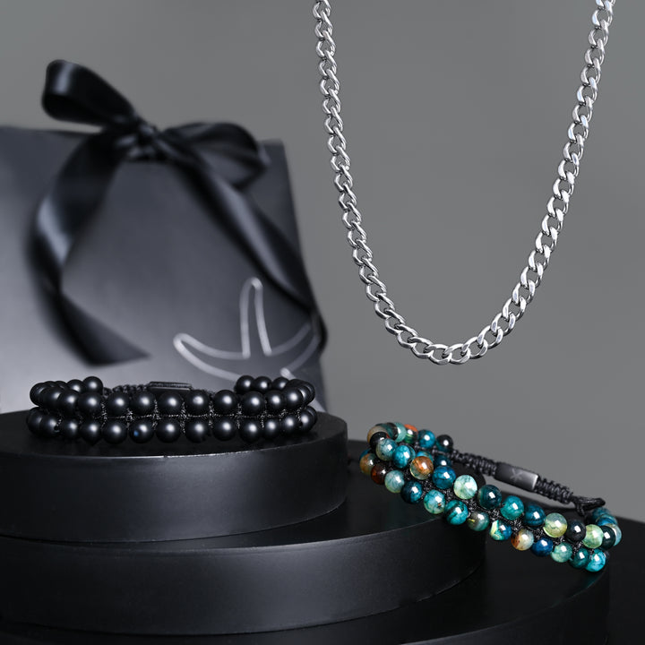 Men's jewelry gift set, men's beaded bracelets, men's silver chain necklace, gift set deal