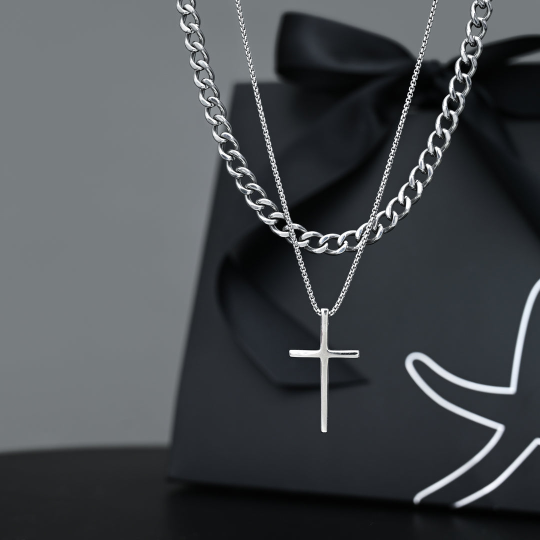 Men's layered silver necklaces, great xmas gifts, jewelry gifts for men, men's silver chain, men's silver cross necklace, gift set deals