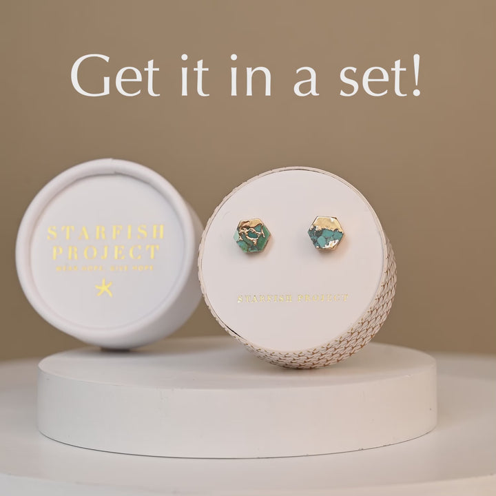 Video of white and gold gift wrapped fair trade jewelry present, women's jewelry, white macrame crossbody phone strap, natural turquoise and 14k plated gold jewelry, discount gift set, deal, creative gift ideas for Christmas, best fair trade gifts