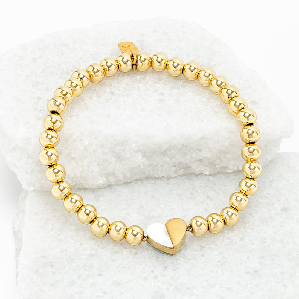 the perfect gift, 18K gold-plated ball bracelet with a mother of pearl heart pendant