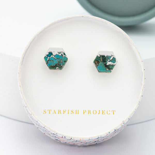 Turquoise and silver women's fair trade jewelry gift in a round box with the logo of Starfish Project, fair trade gift companies, gift ideas for the holidays