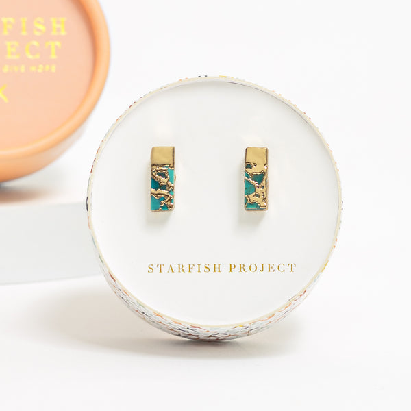 Turquoise and gold women's earring set, gifted in a round box with business logo, fair trade store online, cute women's jewelry, great xmas gift