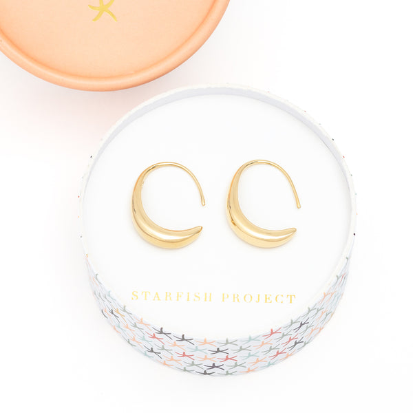 A pair of golden hoops in gift box, gift wrapped, gold earrings, golden hoop set, moon hoop earrings, jewelry website, great Mother's day gift idea