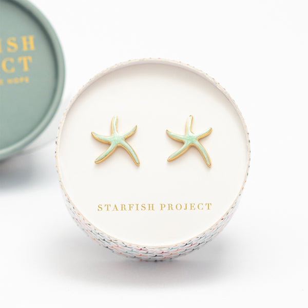 Starfish Project jewelry, symbolism for hope, green starfish studs, women's ocean earrings