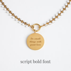 Example photo of engravable necklace, fair trade businesses, gold engravable necklace for women, gold and ivory chain