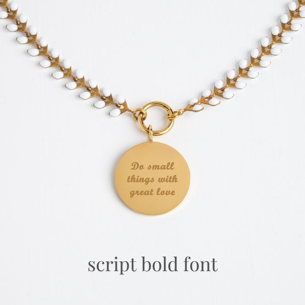 Example photo of engravable necklace, fair trade businesses, gold engravable necklace for women, gold and ivory chain