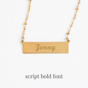 Example photo of engravable necklace, personalized gold necklace, unique Christmas gifts, jewelry brand, freedom business