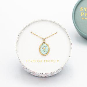 Starfish Project brand gift box, gold necklace with cross, cross necklace jewelry, necklace with cross center, blue necklace, jewel stores, gift for mom for Mother's day