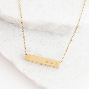 14k gold plated necklace, gold bar necklace, "act justly" necklace, women's jewelry, quality jewelry, women's artisan jewelry