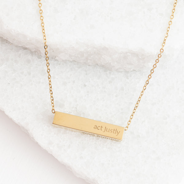 14k gold plated necklace, gold bar necklace, "act justly" necklace, women's jewelry, quality jewelry, women's artisan jewelry