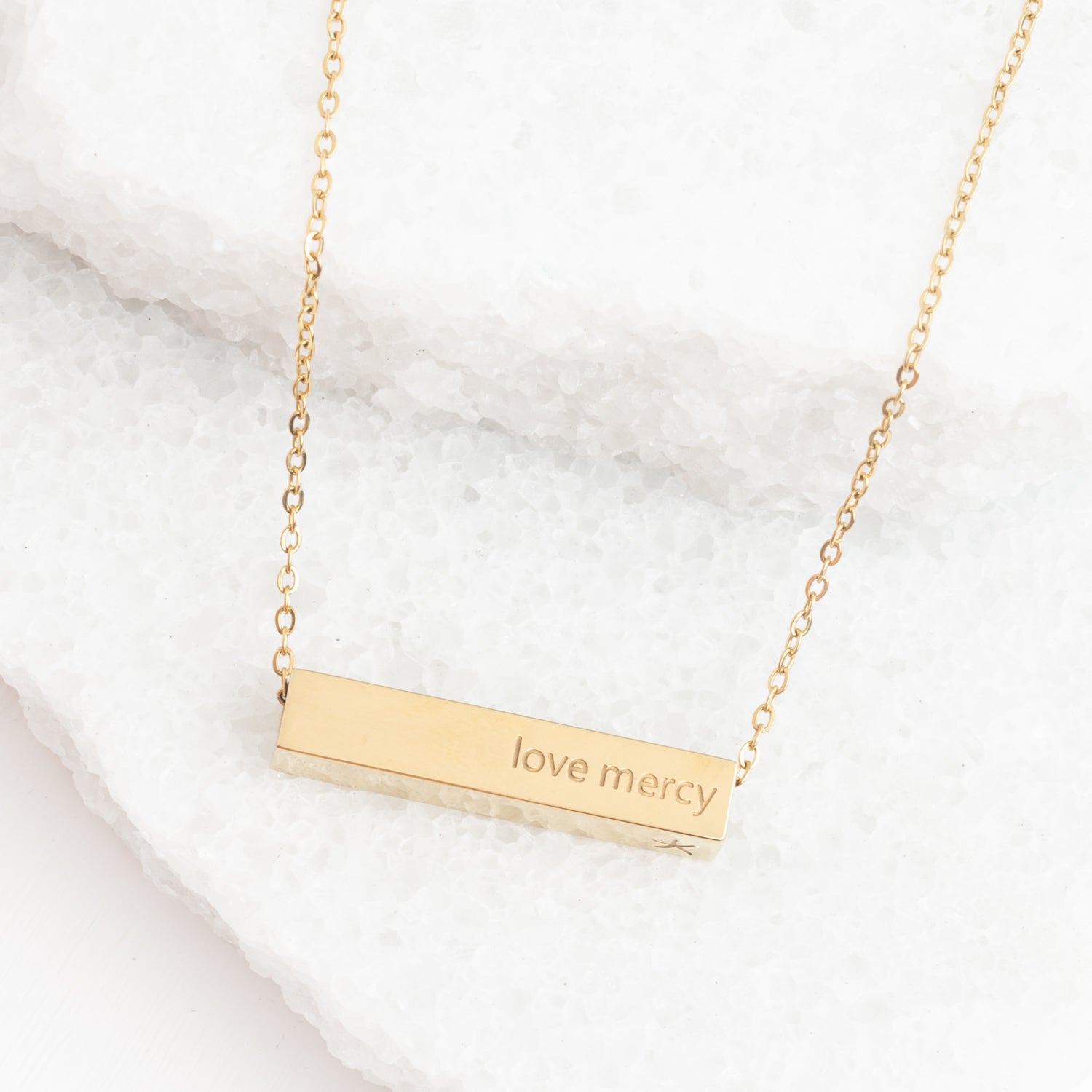 14k gold plated necklace, gold bar necklace, "love mercy" necklace, women's jewelry, quality jewelry, women's artisan jewelry