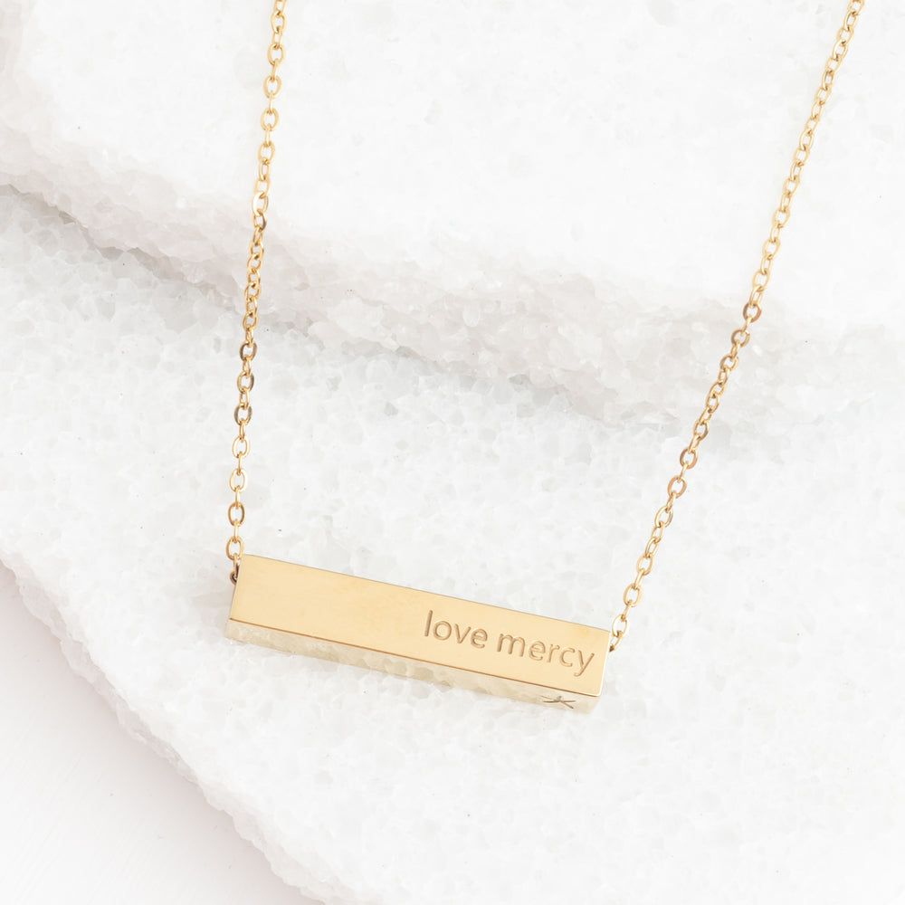 14k gold plated necklace, gold bar necklace, "love mercy" necklace, women's jewelry, quality jewelry, women's artisan jewelry