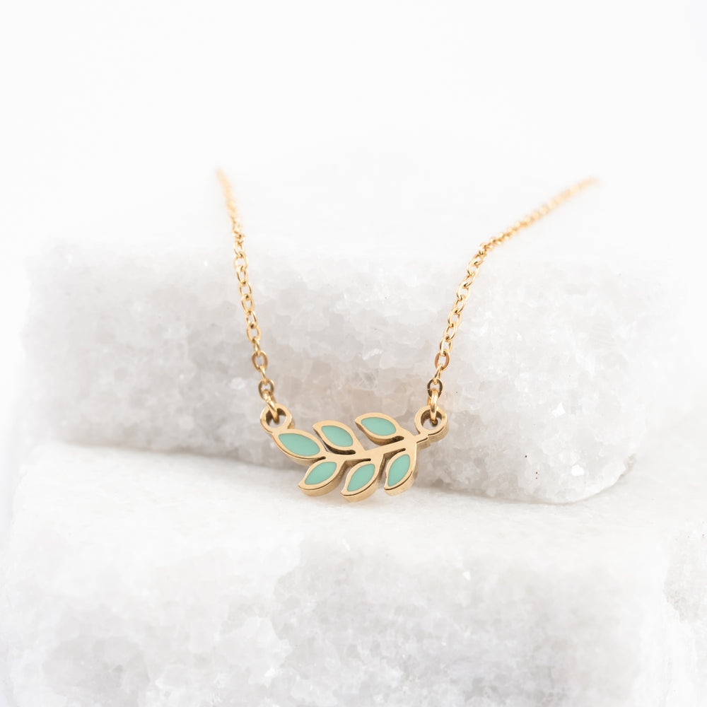 Photo of mint and gold necklace, leaf shaped necklace, simple necklace, women's jewelry, fair trade jewelry company, best fair trade gifts 