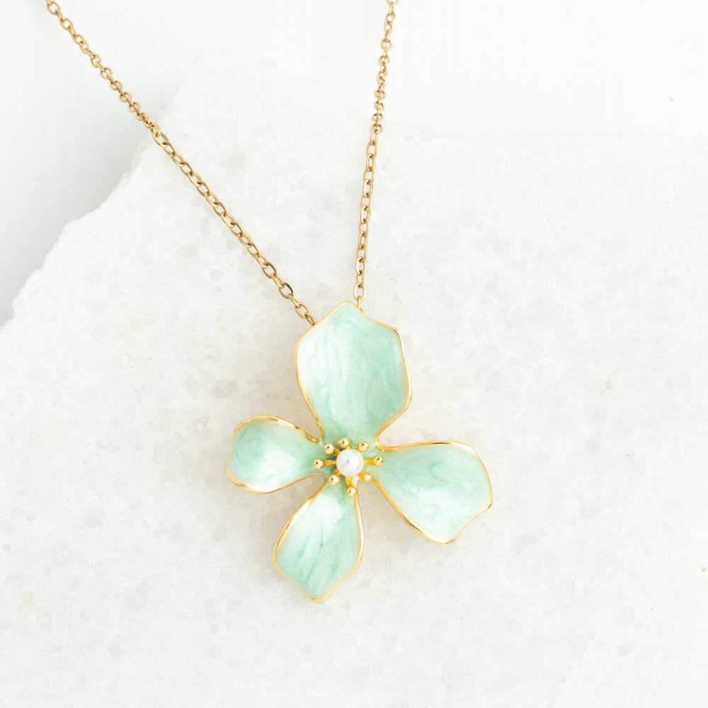 Photo of mint green and gold flower necklace, floral gold necklaces, flower pendant, different christmas gift ideas