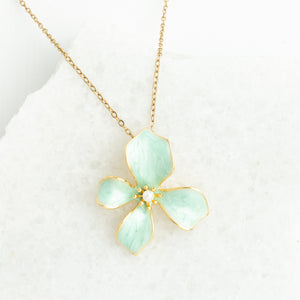 Photo of mint green and gold flower necklace, floral gold necklaces, flower pendant, different christmas gift ideas