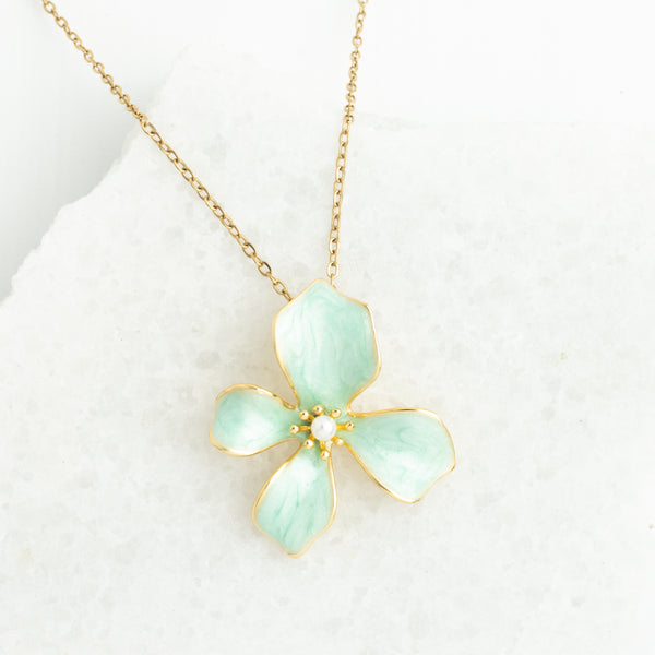 Photo of mint green and gold flower necklace, floral gold necklaces, flower pendant, different christmas gift ideas