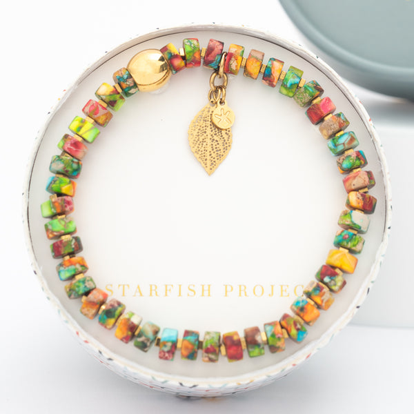 Sedona bracelet in round Starfish Project gift box, attached copper leaf and starfish symbol, women's bracelets