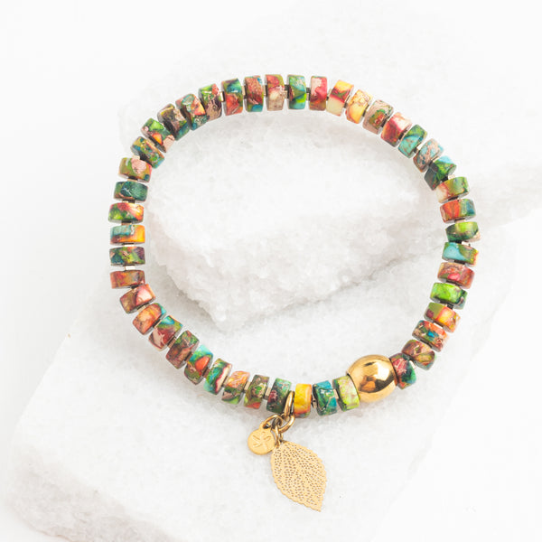 Colorful stretch bracelet, emperor stone hematite bracelet, copper leaf, gold plated stainless steel starfish tag, women's fair trade jewelry