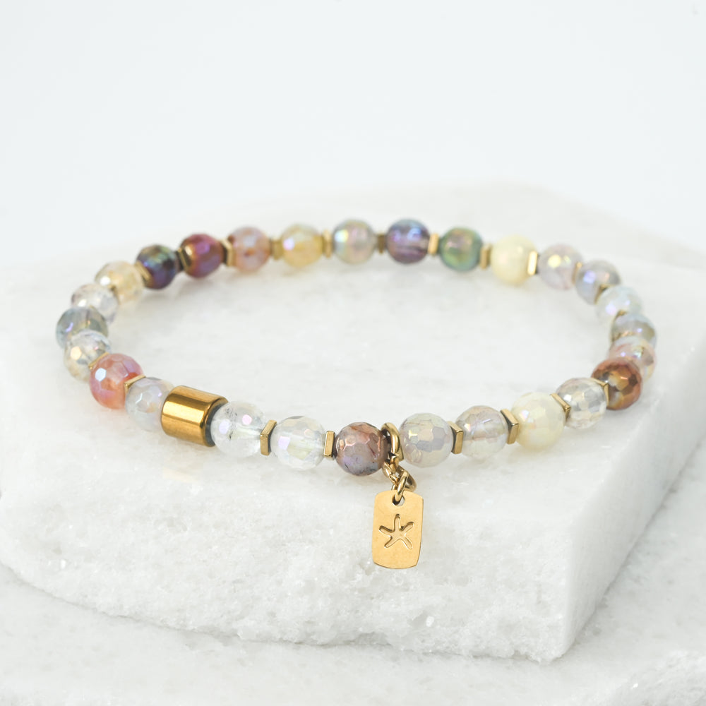 Photo of colorful gemstone bracelet, 14k gold plated stainless steel bracelet, hematite bracelet, gold starfish logo, women's bracelets