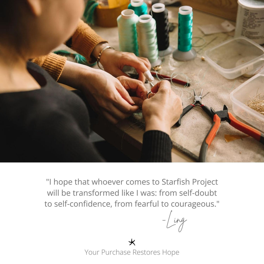 Photo of women making beautiful handcrafted jewelry, Starfish Project, sustainable fair trade jewelry, symbolism for hope, women's artisan jewelry