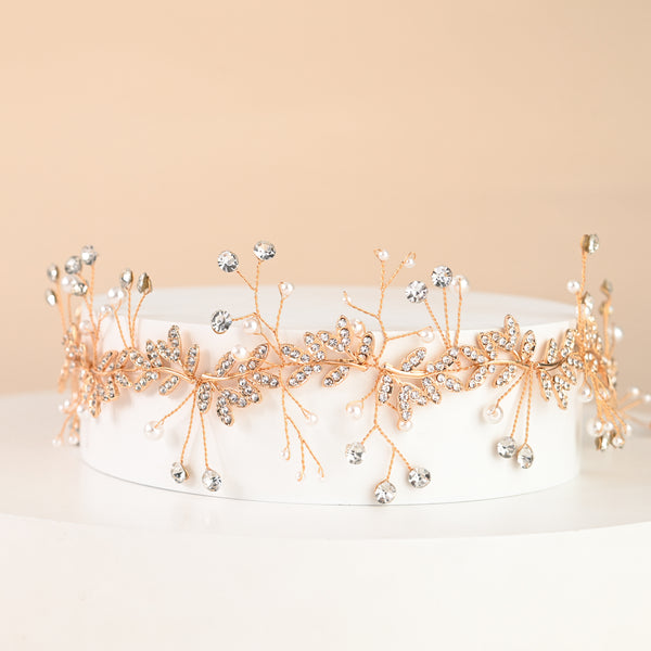 Ethereal Vine Gold Crystal and Pearl Silk Ribbon Headband