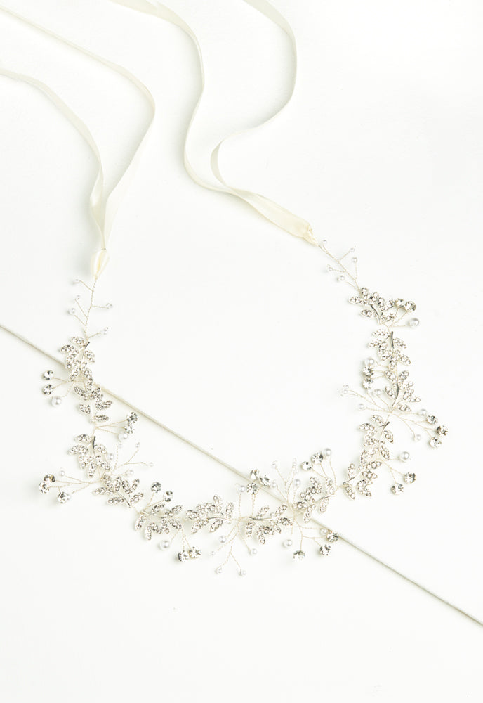 Ethereal Vine Silver Crystal and Pearl Silk Ribbon Headband
