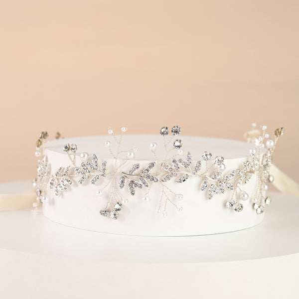 Ethereal Vine Silver Crystal and Pearl Silk Ribbon Headband