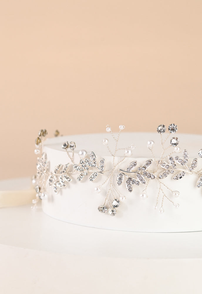 Ethereal Vine Silver Crystal and Pearl Silk Ribbon Headband