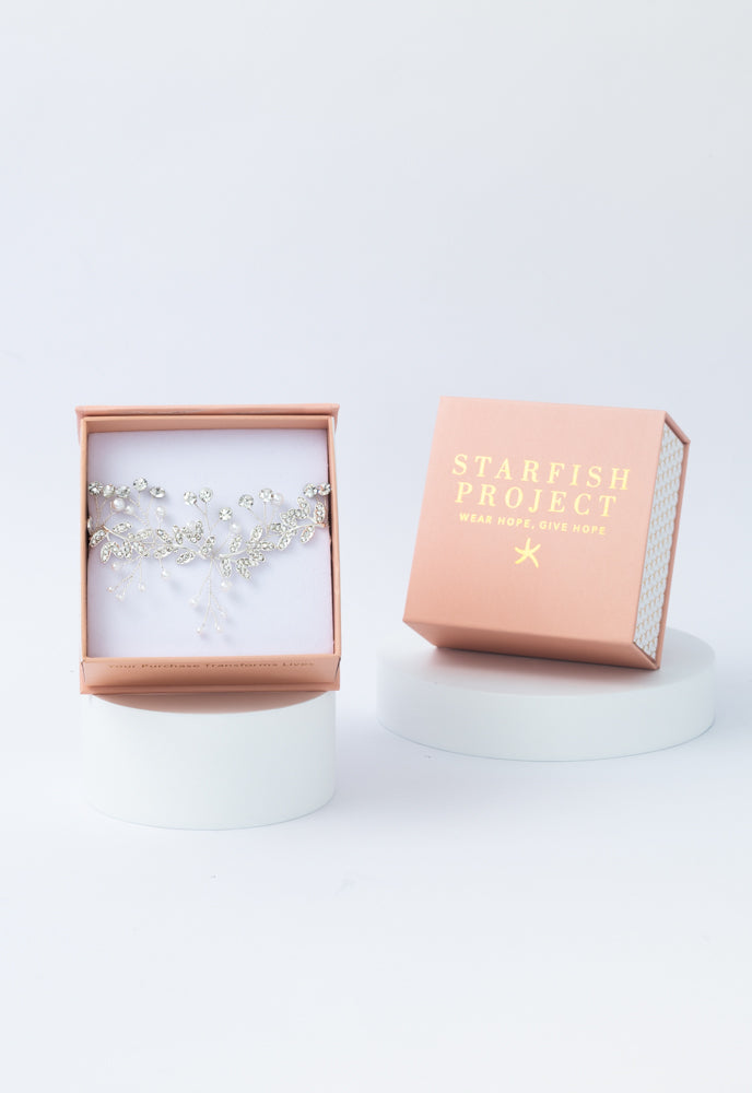 Ethereal Vine Silver Crystal and Pearl Silk Ribbon Headband