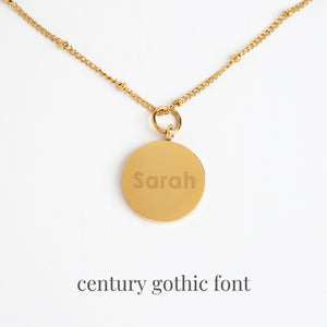Example photo of engravable necklace, fair trade businesses, gold engravable necklace for women, gift ideas for the holidays