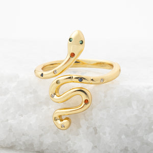 Picture of gold snake shaped ring, 14k gold plated brass, ring with zircon, snake-shaped ring, sustainable fair trade jewelry company