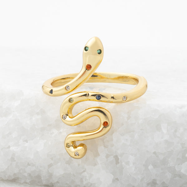 Picture of gold snake shaped ring, 14k gold plated brass, ring with zircon, snake-shaped ring, sustainable fair trade jewelry company