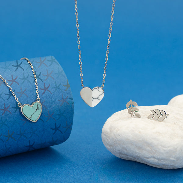 Silver jewelry set, heart shaped jewelry for women, marble jewelry for women, silver heart necklaces, silver studs