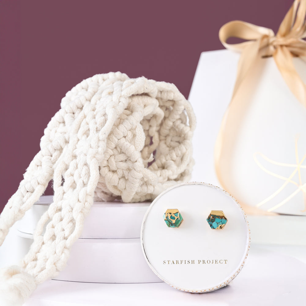 Gift set with turquoise and gold studs and white macrame crossbody phone strap, gift set deals, women's accessories, women's jewelry company