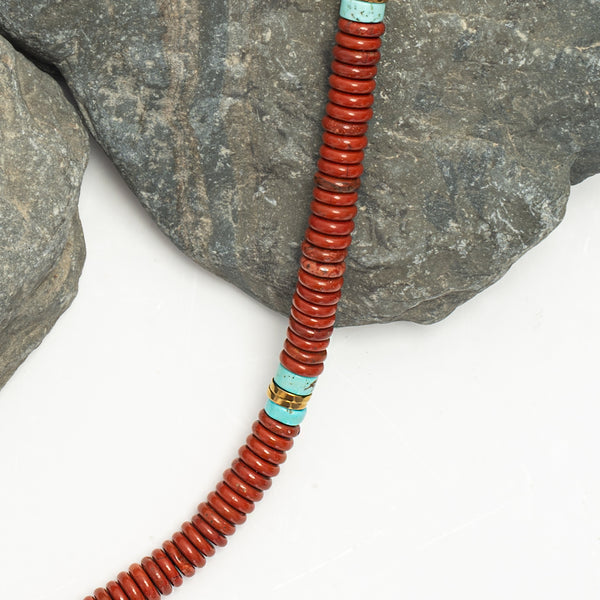 Men's red and turquoise beaded necklace, beaded necklaces for men, ocean necklaces for men, women's artisan jewelry, symbolism for hope