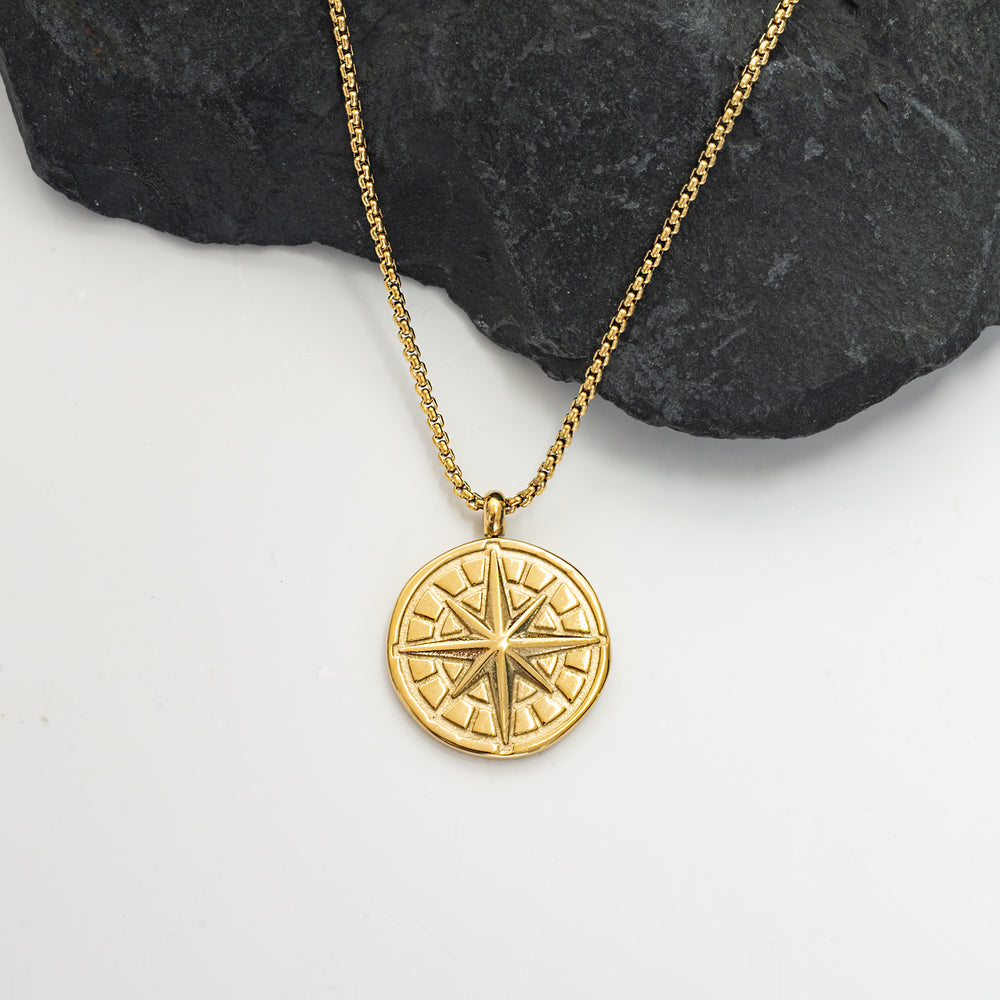 Photo of gold engravable necklace, necklace with compass design, compass pendant, engravable jewelry for men, adjustable gold chain