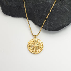Photo of gold engravable necklace, necklace with compass design, compass pendant, engravable jewelry for men, adjustable gold chain
