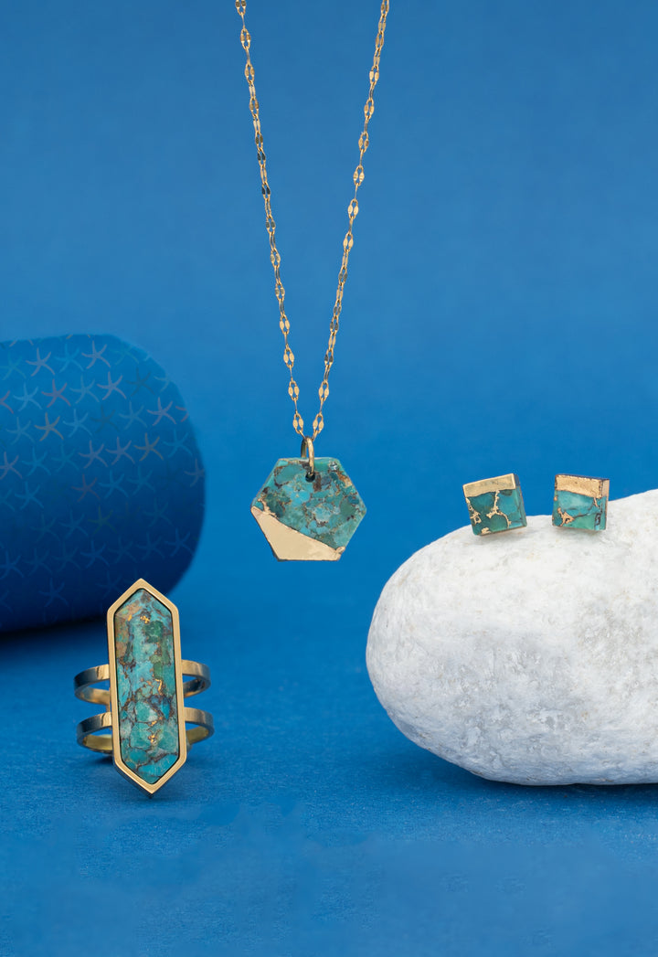 Gold and turquoise jewelry gift set, matching ring, studs, and necklace, quality fashion jewelry set for women